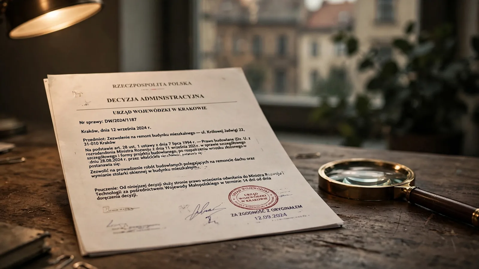 Urzędowy dokument z pieczęcią i lupa na biurku