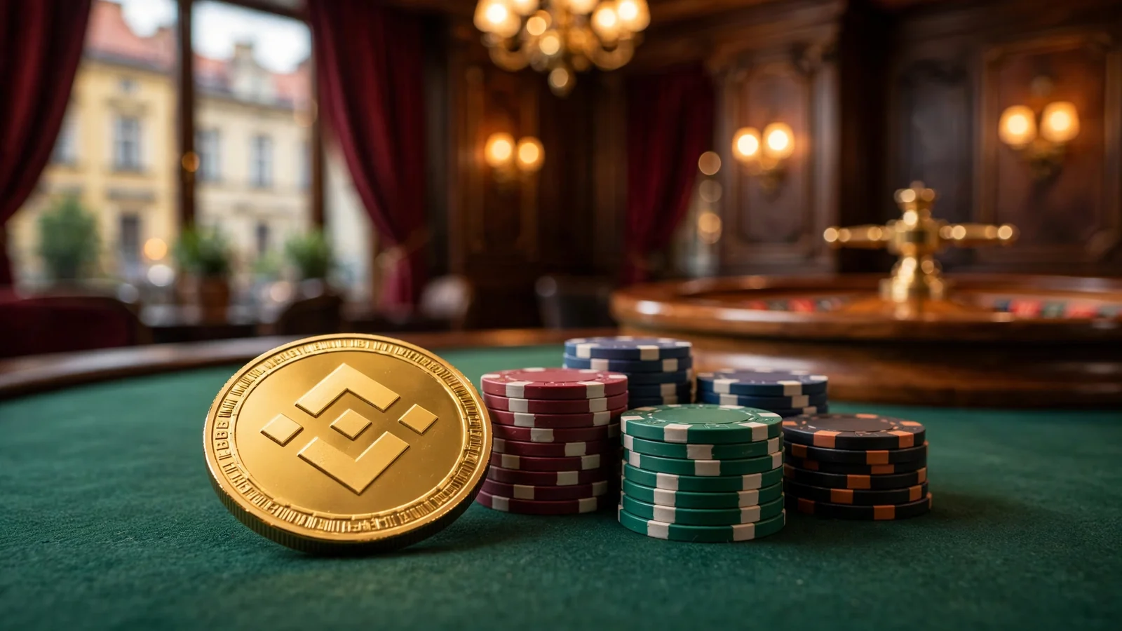 Złota moneta BNB na zielonym stole kasynowym obok żetonów pokerowych i ruletki