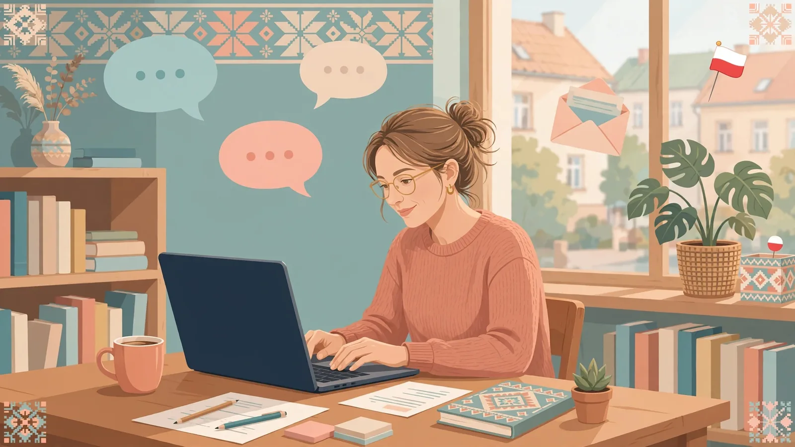 Ilustracja dziennikarza przy biurku z laptopem i symbolami kontaktu