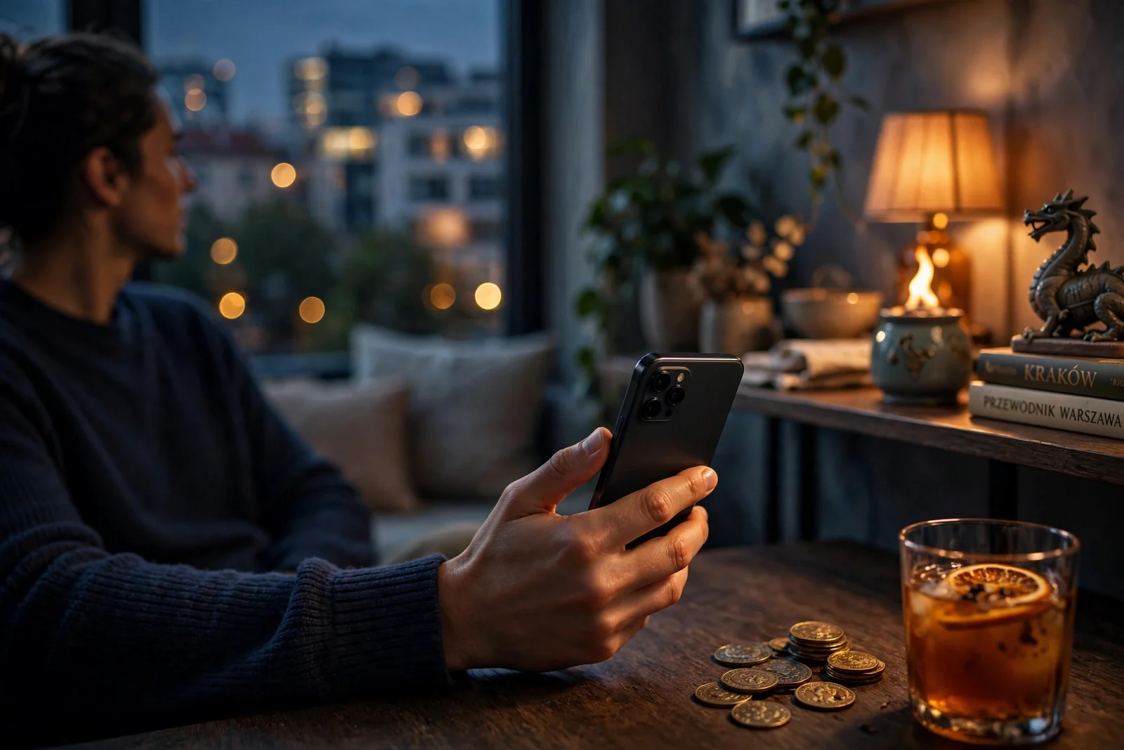 Ręka trzymająca smartfon przy żetonach kasynowych na stole w nowoczesnym mieszkaniu