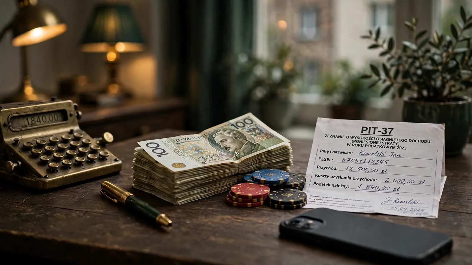 Polskie banknoty, żetony kasynowe i formularz podatkowy na biurku