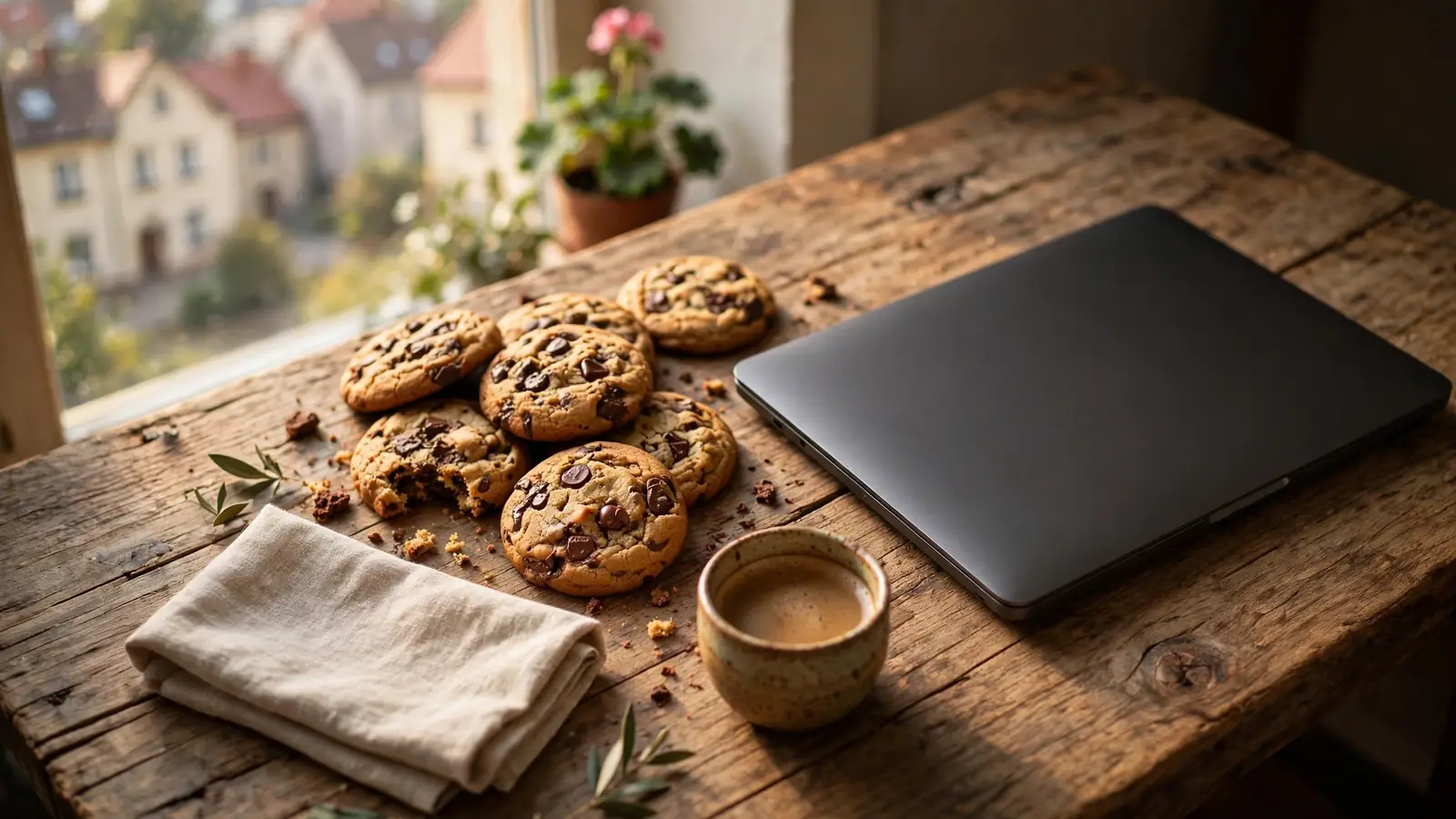 Świeże ciasteczka czekoladowe obok zamkniętego laptopa na drewnianym stole